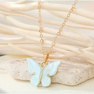 Butterfly Necklace Gold Tone Chain Light Blue Iridescent Shell Elegant
